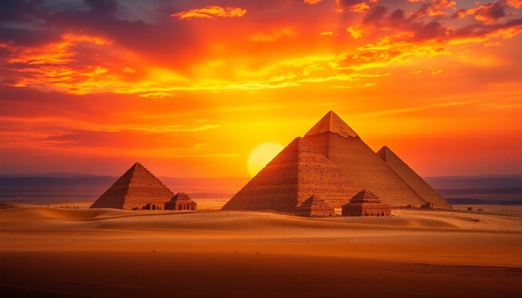 Experience the majesty of the pyramids at https://piraminds.com/ amid a stunning sunset.