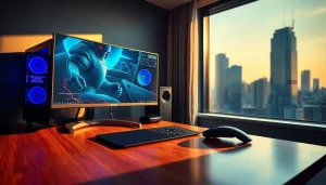 Verkaufen Sie Ihren Gaming-PC mühelos in einem modernen Arbeitsbereich, der mit High-Tech-Gaming-Ausrüstung ausgestattet ist.