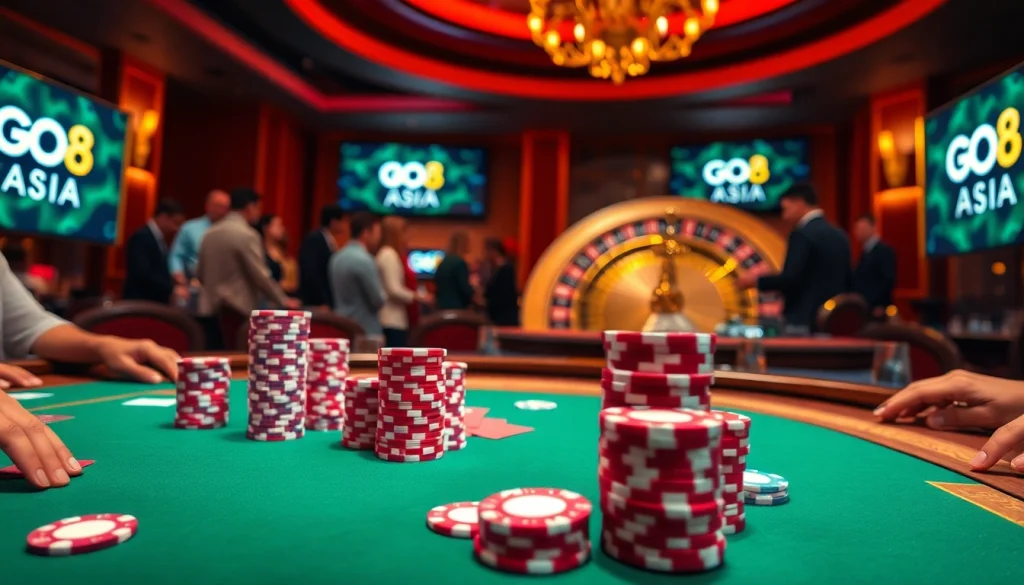 Players enjoying a thrilling poker game at GO8 ASIA casino, showcasing vibrant chips and cards.