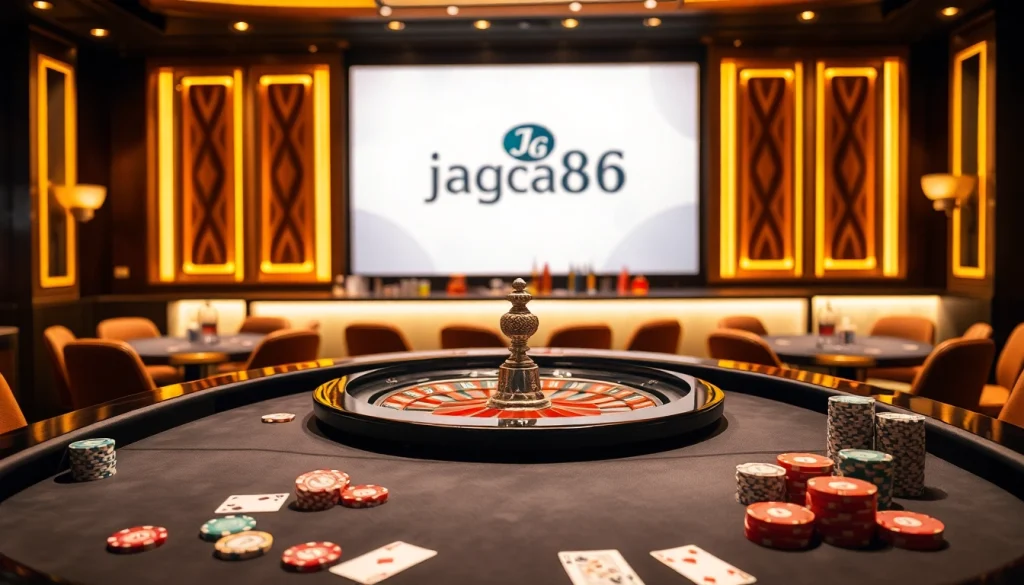 Experience excitement at jagoan86 casino with a luxurious roulette table and colorful poker chips.