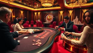 KJC casino players engaging in a high-stakes poker game amidst luxurious decor.