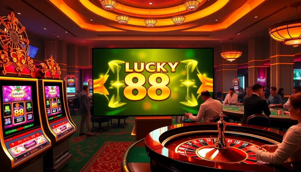Experience the excitement of Lucky 88 with players engaging in thrilling gameplay at elegant casino tables.