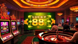 Experience the excitement of Lucky 88 with players engaging in thrilling gameplay at elegant casino tables.