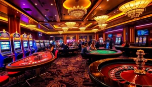 Experience the thrill of gambling at https://mm88.ru.com/ with a vibrant casino scene depicting diverse games and players.