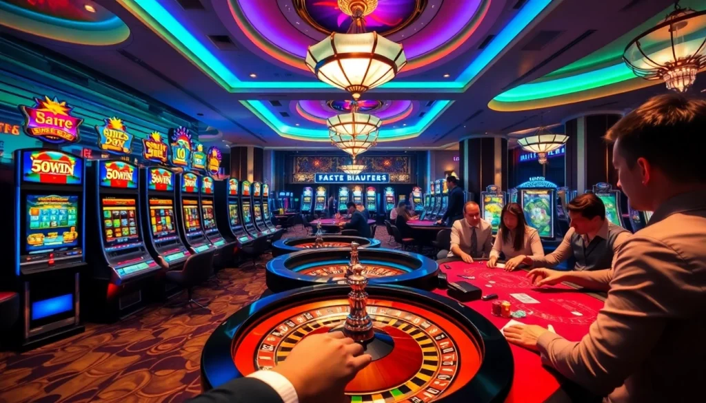 Exciting casino action at 56WIN with colorful slot machines and vibrant table games.