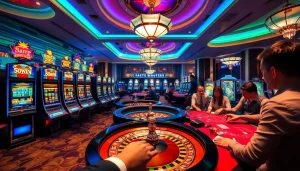 Exciting casino action at 56WIN with colorful slot machines and vibrant table games.