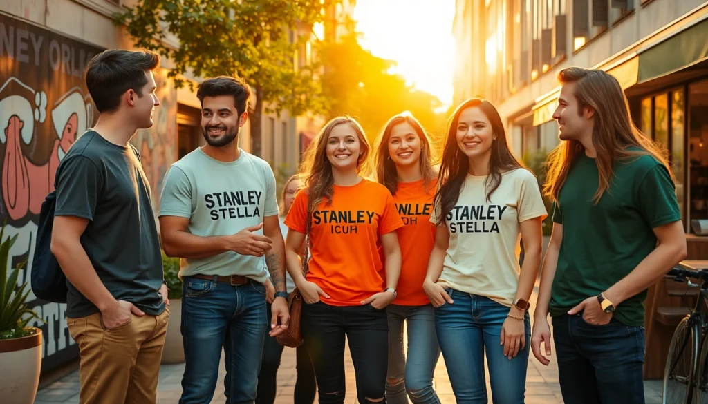Asmenys dėvintys Stanley Stella marškinėlius ryškioje miesto aplinkoje, demonstruojantys stilingą ir tvarią madą.