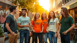 Asmenys dėvintys Stanley Stella marškinėlius ryškioje miesto aplinkoje, demonstruojantys stilingą ir tvarią madą.
