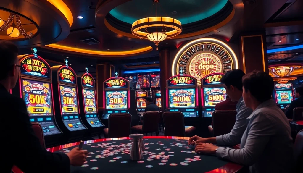 Para pemain menikmati permainan slot depo 5k yang mendebarkan dengan mesin-mesin berwarna cerah dan atmosfer kasino yang imersif.