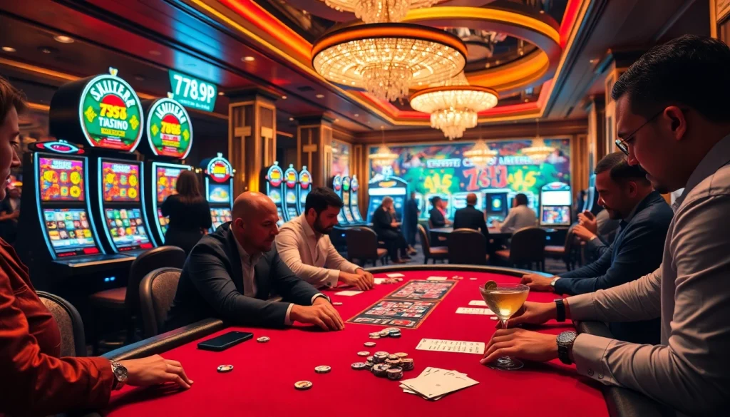 Engaged gamblers strategizing at a high-stakes table in a luxurious casino featuring 789P-themed elements.