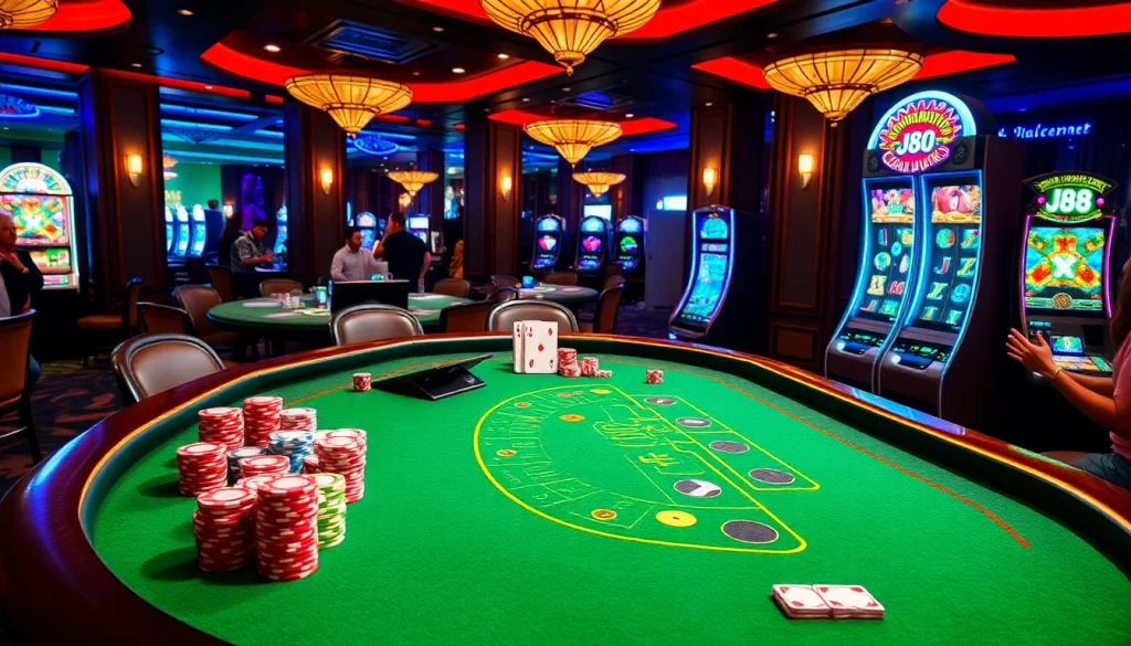 Exciting j88 themed slot machine surrounded by ecstatic players at a vibrant casino table.