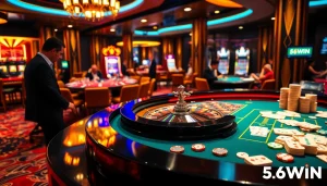 Players at a roulette table enjoy the thrilling experience at 56WIN casino, surrounded by excitement and luxury.