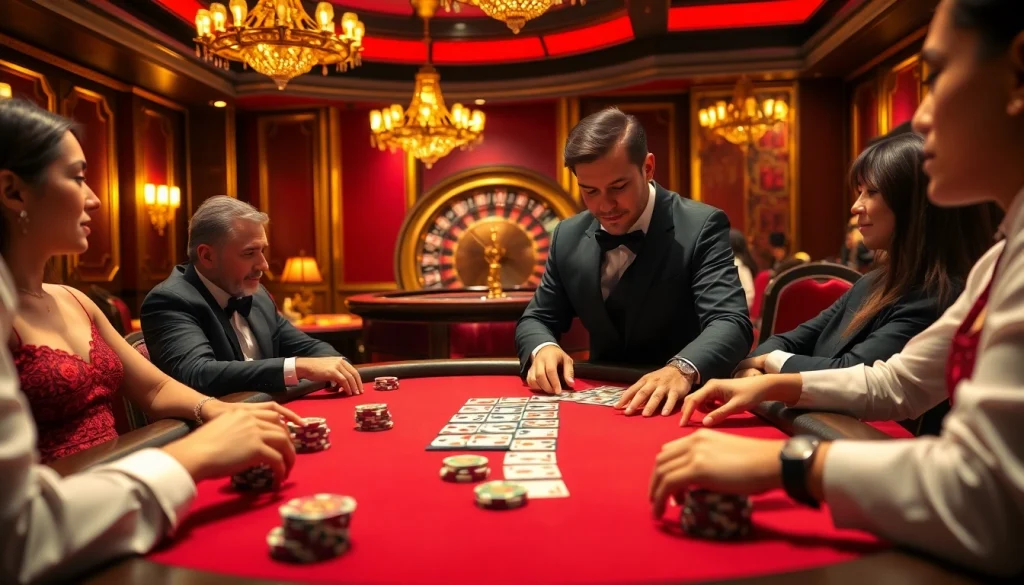 Players engaging in high-stakes poker at a luxurious gg88bz casino table with vibrant decor and chips.