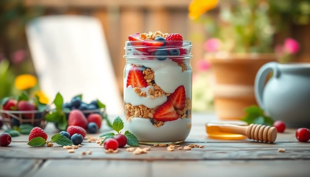 Enjoy a delicious breakfast recipe using https://masonjarbreakfast.com, featuring a mason jar of yogurt, fruits, and granola.