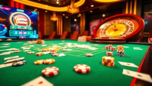 Game bài đổi thưởng elements at an online casino table with cards and chips displayed.