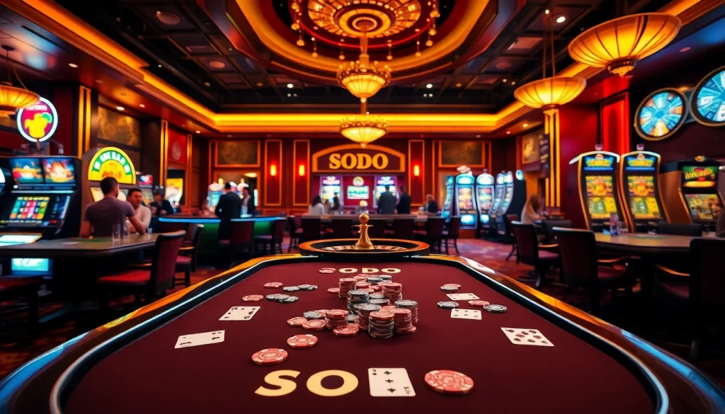 SODO casino scene with poker tables, roulette wheels, and vibrant slot machines creating excitement.