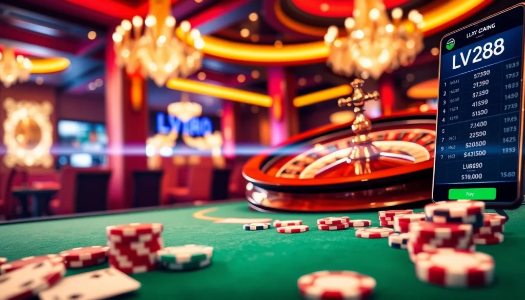 LV88 poker chips and a roulette wheel create an exciting casino ambiance.
