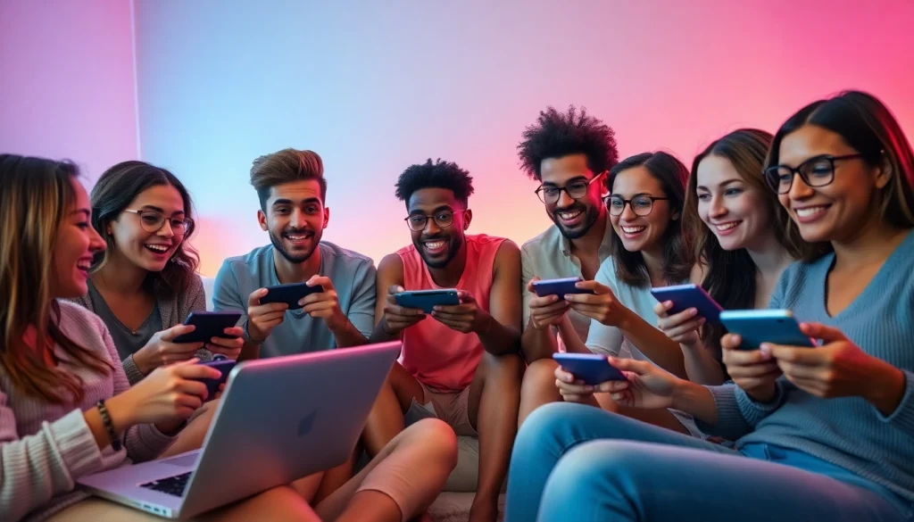 Diverse players enjoying a porn game on multiple devices in a cozy setting.