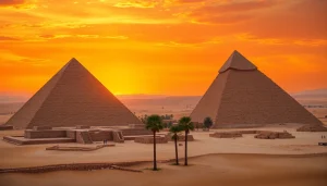 Discover the majestic piraminds under a vibrant sunset highlighting their iconic shapes.