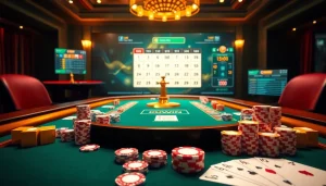 KUWIN casino scene featuring a poker table, chips, and a roulette wheel inviting gamblers to join.