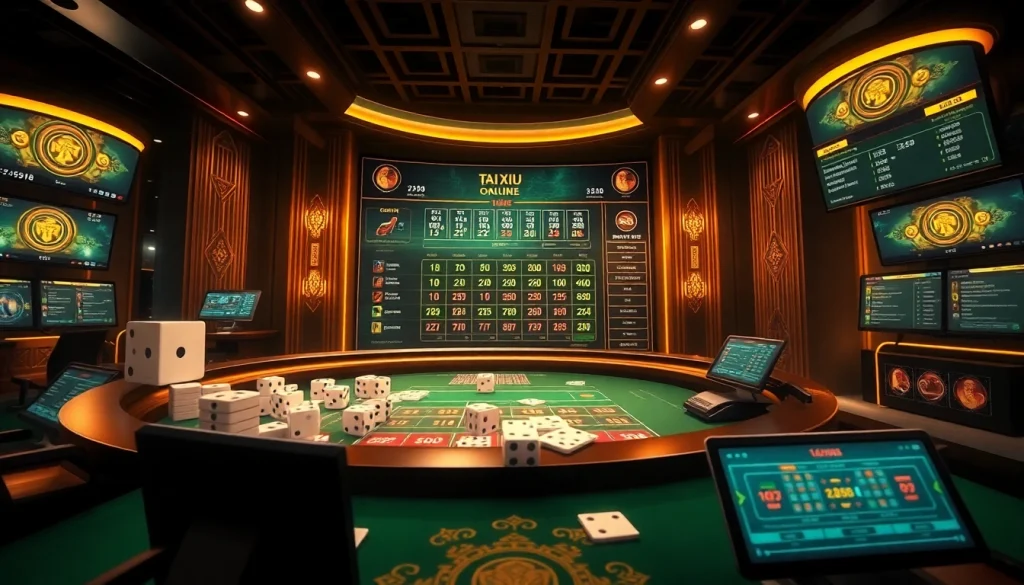 Engage with tai xiu online by placing bets during an exciting virtual dice game in a luxurious casino setting.
