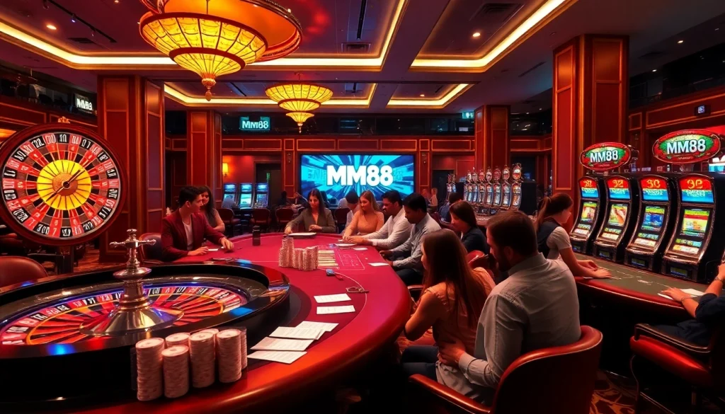 Engaged gamblers enjoying games at MM88 casino, highlighting action at the roulette and poker tables.