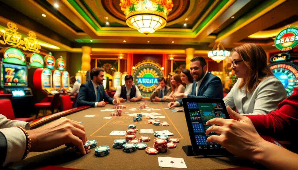 Play thrilling poker at https://nh8833.com/ amidst luxurious casino decor with vibrant atmosphere.