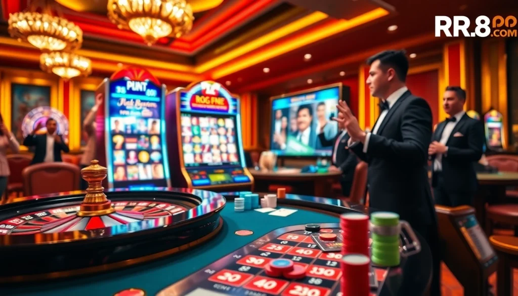 Players enjoying an exciting gaming experience at rr88.com casino, featuring roulette and slot machines.