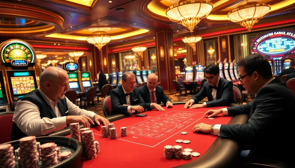 Exciting poker game at a luxurious XX88 casino, showcasing vibrant atmosphere and professional players.