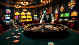 Experience the thrill of roulette as players engage on https://www.11jili7.com/, surrounded by vibrant casino lights.