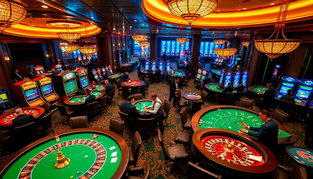 88CLB players strategizing their next move at luxurious casino tables with vibrant slot machines.