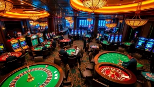 88CLB players strategizing their next move at luxurious casino tables with vibrant slot machines.
