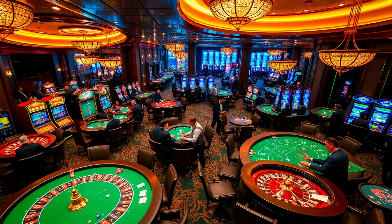88CLB players strategizing their next move at luxurious casino tables with vibrant slot machines.