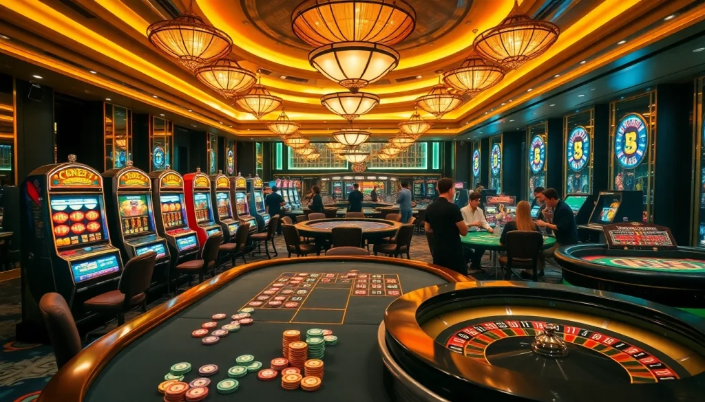 Players experiencing high-stakes excitement at LV88's luxurious casino tables and slot machines.
