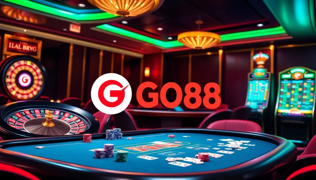 Engaging casino scene highlighting GO88 with poker chips, cards, and a roulette wheel.