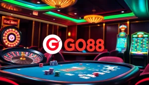 Engaging casino scene highlighting GO88 with poker chips, cards, and a roulette wheel.