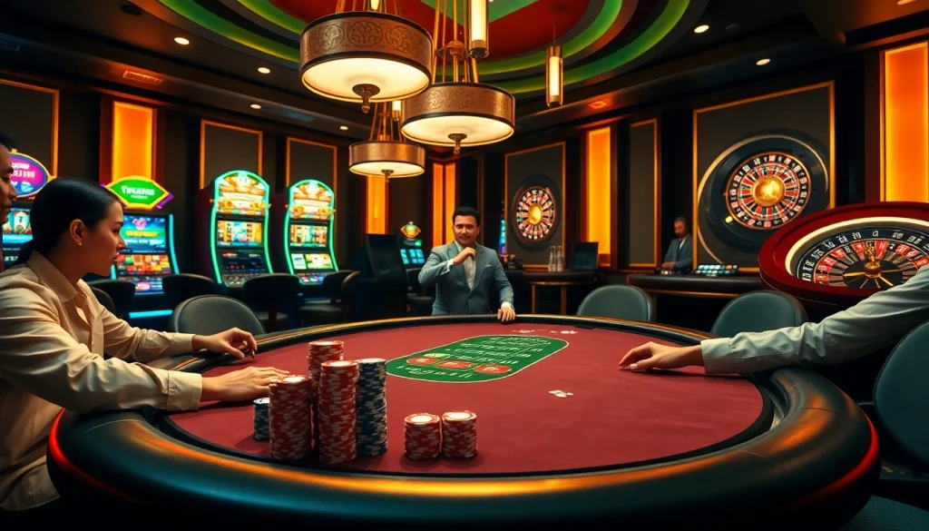 Experience the thrilling atmosphere of tg88 at a luxurious casino poker table with excited players and vibrant slot machines.