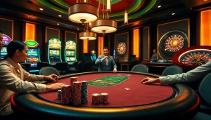 Experience the thrilling atmosphere of tg88 at a luxurious casino poker table with excited players and vibrant slot machines.