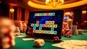 Play Rummikub אונליין with vibrant digital tiles against a luxurious casino backdrop.