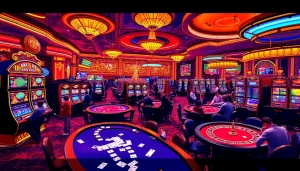 Engage in thrilling nohu casino games with vibrant lights and excited players at tables.