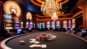 Experience the excitement of sky88 casino with luxurious poker tables and vibrant slot machines.