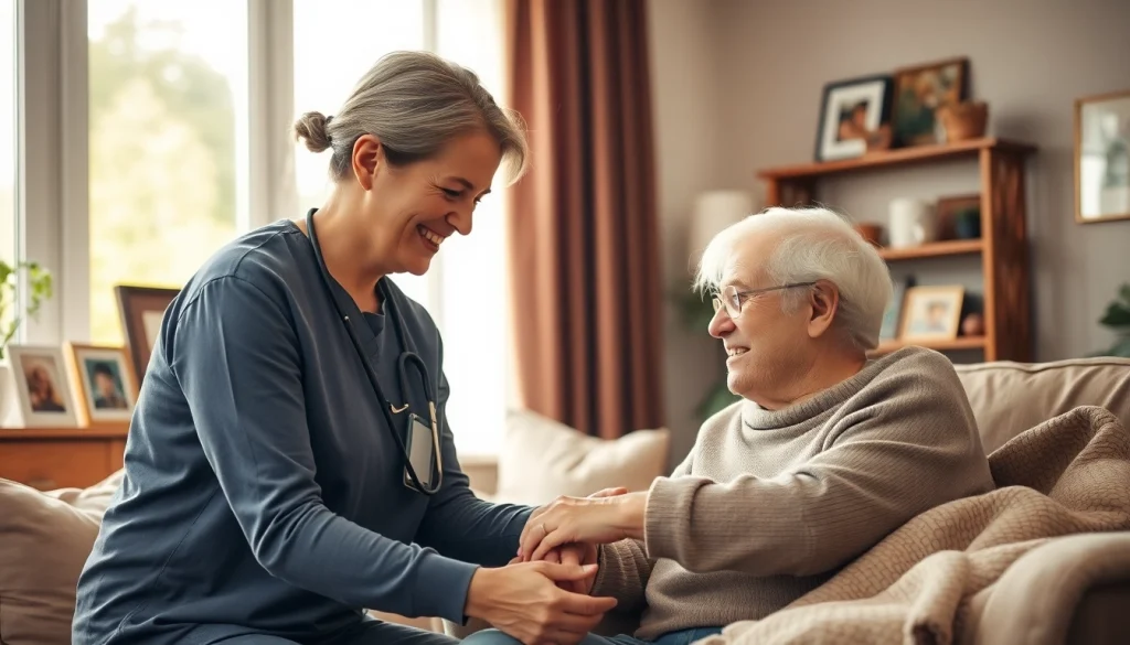 Caregiver providing in home care austin tx in a cozy living room setting with warmth and companionship.