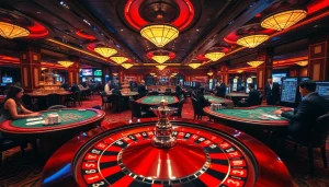 Thrilling casino scene featuring players engaging with Thabet-inspired gaming tables and vibrant roulette wheels.