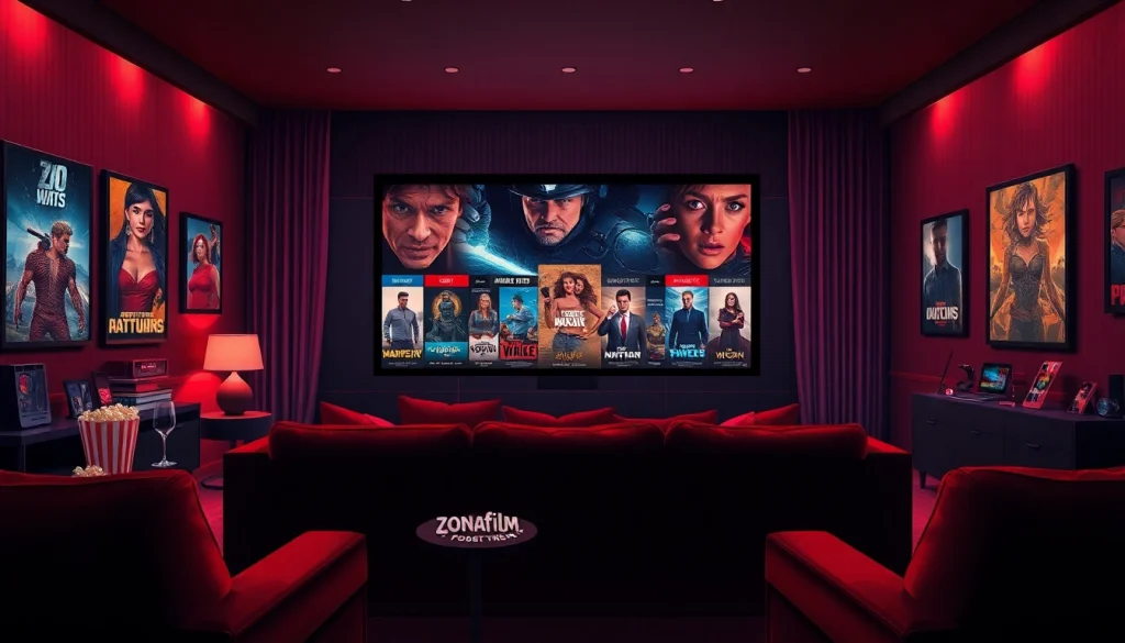 Home theater showcasing zonafilm experience with movie posters and cozy ambiance.