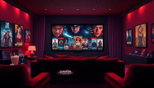Home theater showcasing zonafilm experience with movie posters and cozy ambiance.