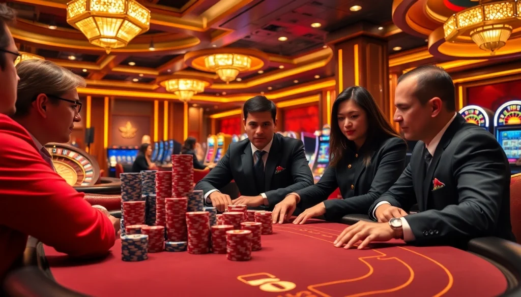 Engage in an exciting BK8 poker game surrounded by vibrant casino elements and luxury decor.