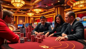 Engage in an exciting BK8 poker game surrounded by vibrant casino elements and luxury decor.