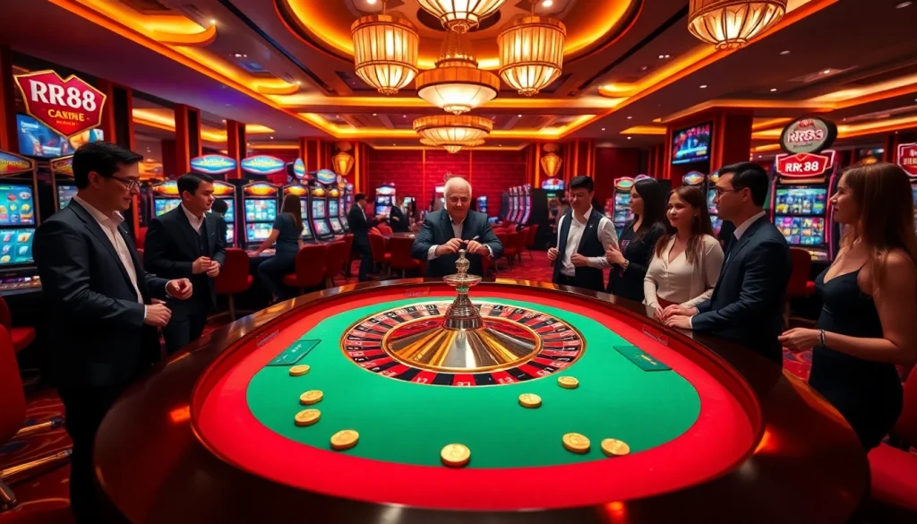 Experience RR88's thrilling gaming atmosphere with a vibrant roulette table and excited players.