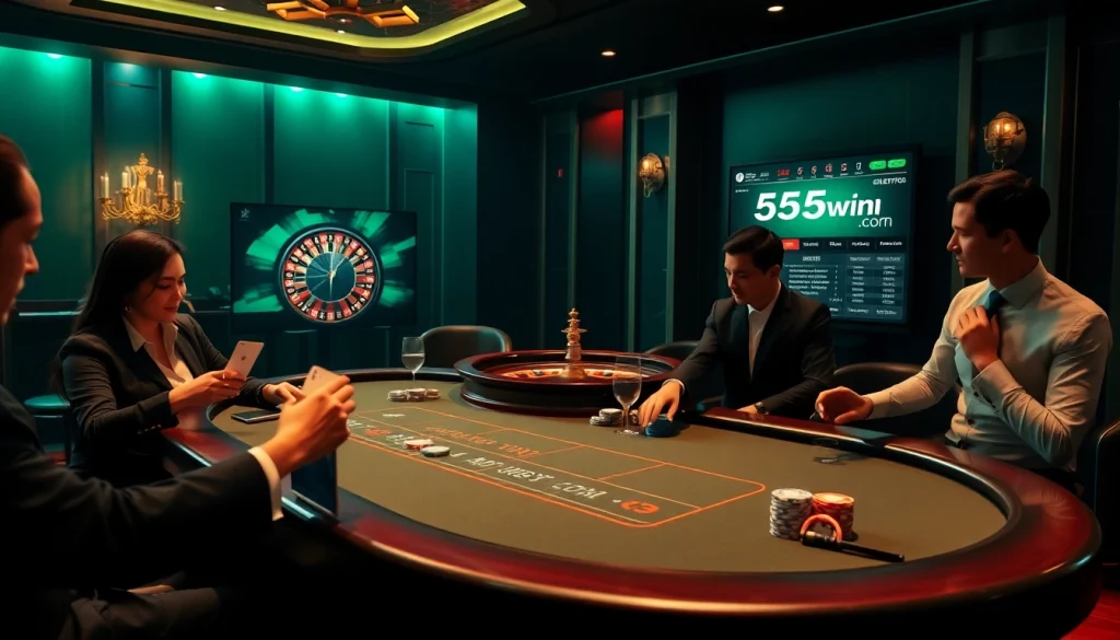 Experience thrilling gaming action at 555win com's luxury casino table with poker chips and cards.