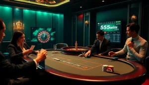 Experience thrilling gaming action at 555win com's luxury casino table with poker chips and cards.